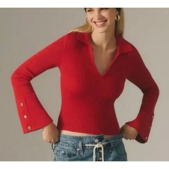 Anthropologie Maeve red ribbed collared cropped blouse xs - Picture 1 of 12